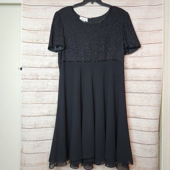 VINTAGE Laurence Kazar Dress Women's 2X Black Beaded Sequin A Line Evening Midi - Picture 1 of 16
